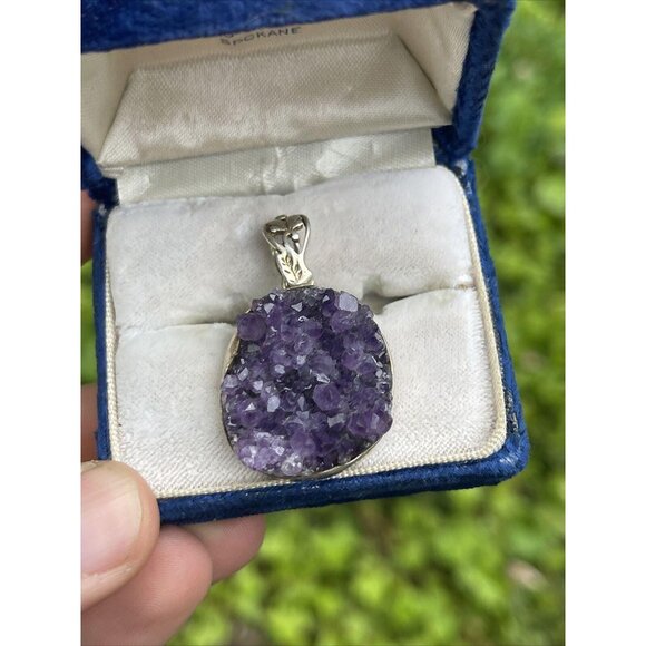 Vintage Sterling Silver 925 Amethyst Geode Pendant Necklace Vintage Raw Amethyst - Picture 5 of 6